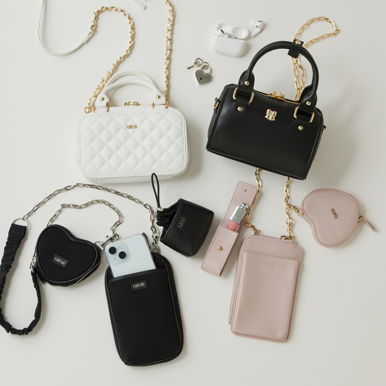 キルティングフォンホルダー・3SETマルチショルダー・リボンカシメミニボストンバッグの商品画像