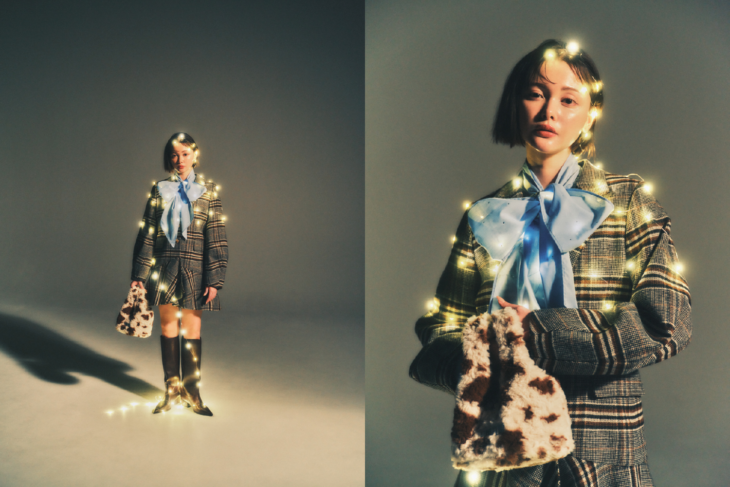 Coat Blouse Skirt Bag Shoesを着用するモデル