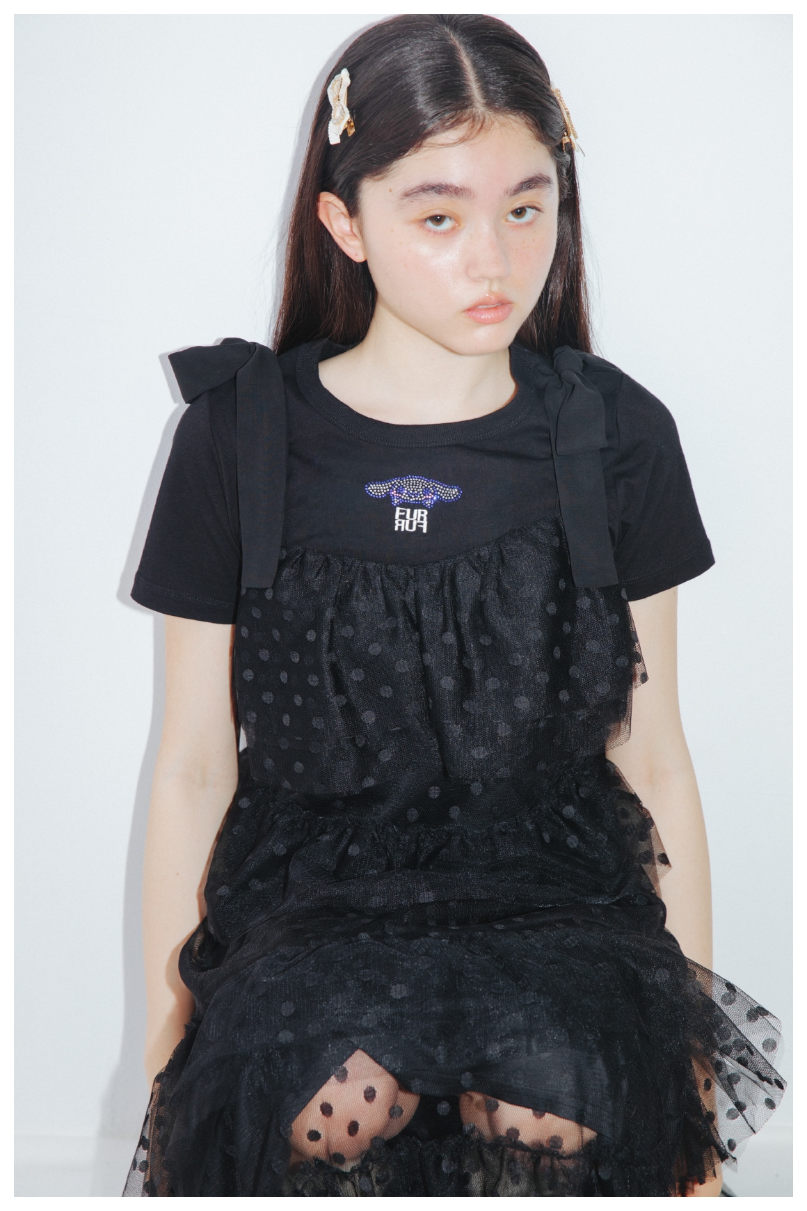 【Cinnamoroll】Tシャツとチュールドレス・ヘアピンセット・レースアップブーツのコーディネート