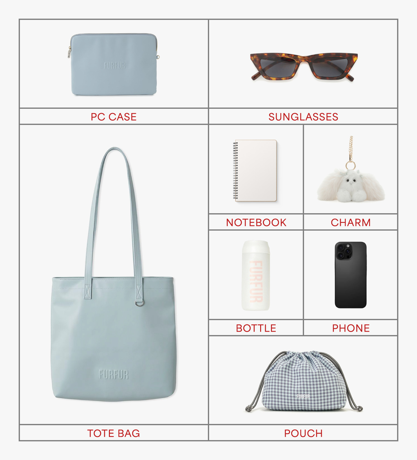 A4サイズ・PCが入るバッグに入る持ち物（PC CASE・SUNGLASSES・NOTEBOOK・CHARM・BOTTLE・PHONE・TOTE BAG・POUCH）