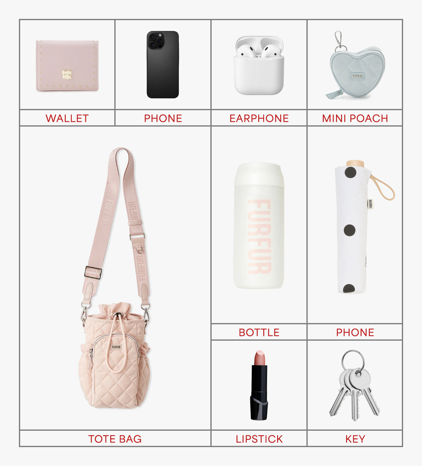 500㎖ボトルが入るバッグに入る持ち物（WALLET・PHONE・EARPHONE・MINI POACH・BOTTLE・PHONE・TOTE BAG・LIPSTICK・KEY）