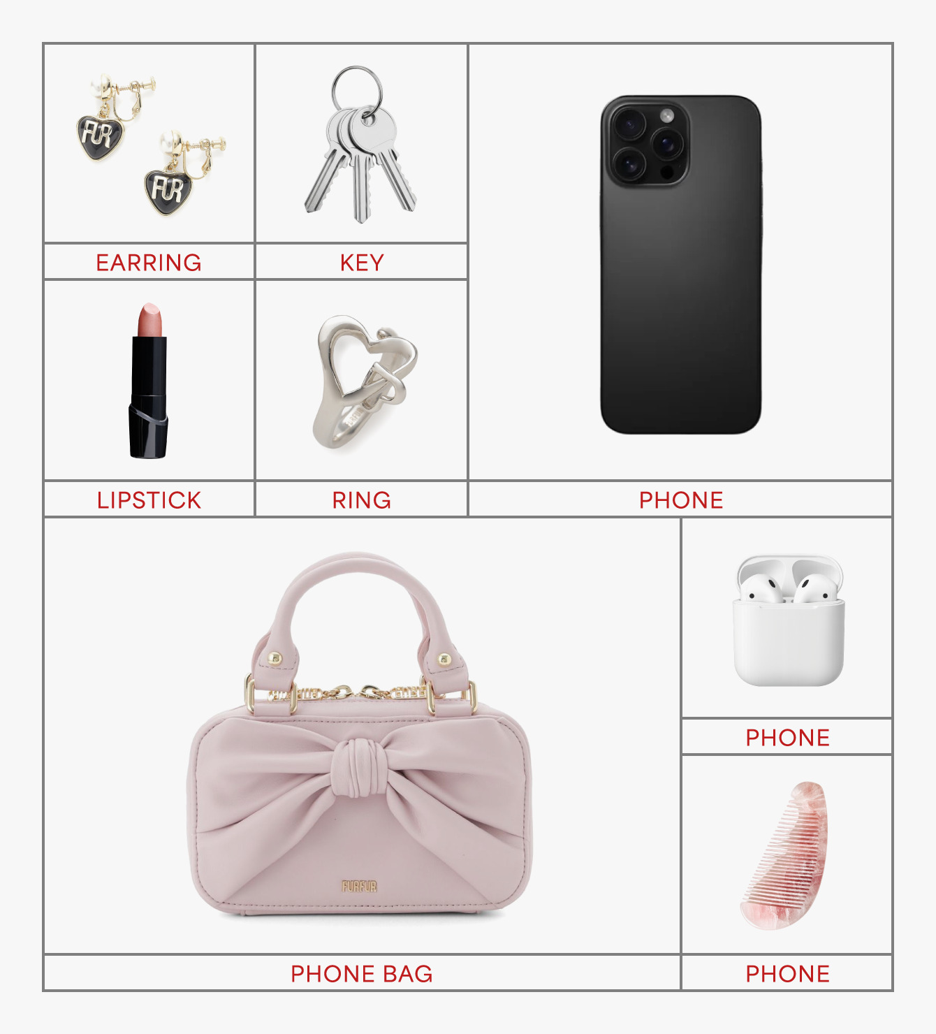 スマホ・鍵・リップが入るバッグに入る持ち物（EARRING・KEY・LIPSTICK・RING・PHONE・PHONE BAG・PHONE・PHONE）